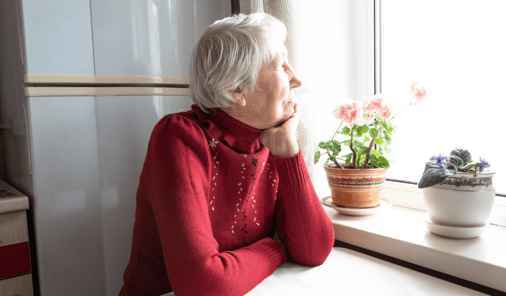 an older woman looking thought window 